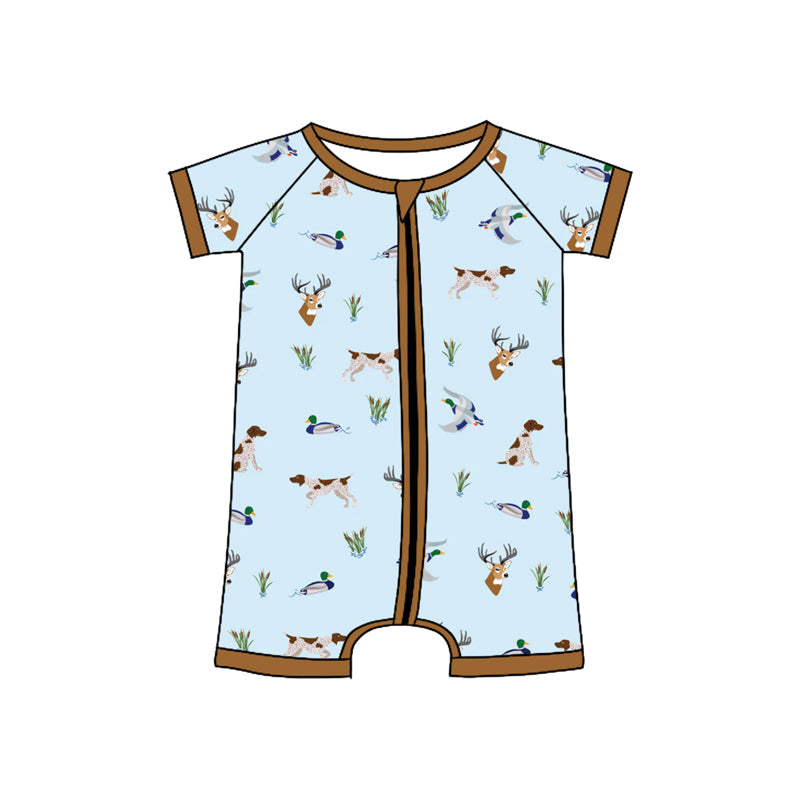 Preorder (moq 5)Baby Boys Blue Short Sleeves Deer Ducks Dogs Zipper Rompers