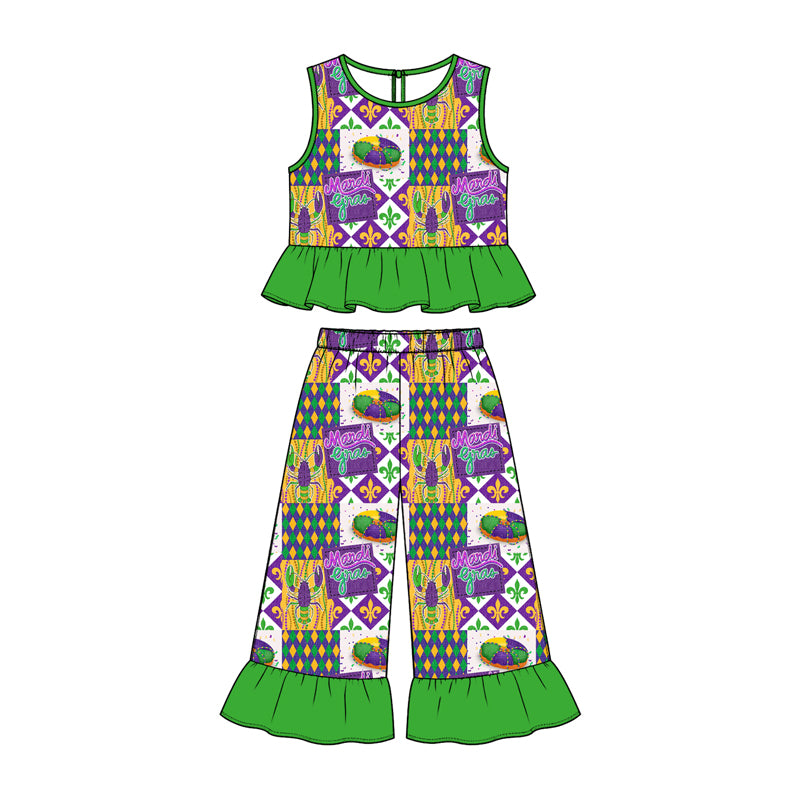 Preorder (moq 5) Baby Girl Clothes Mardi Gras Crawfish King Cake Patchwork Print Sleeveless Ruffle Top Flare Pant Set