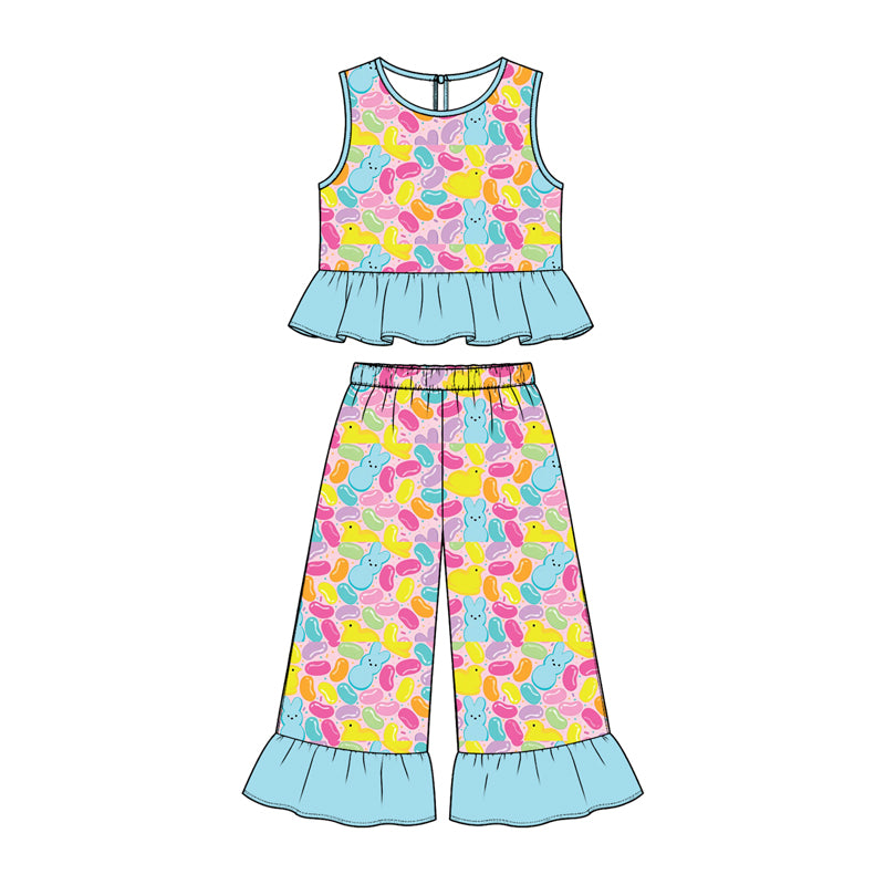 Preorder (moq 5) Baby Girl Clothes Easter Jelly Bean Marshmallow Bunny Print Sleeveless Ruffle Top Ruffle Wide Leg Pants Outfit Set