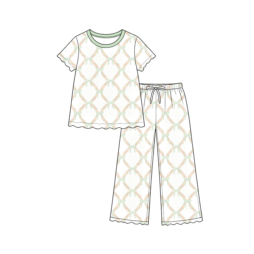 Preorder (moq 5) Baby Girl Clothes Green Bow Floral Lattice Mixed Print Short Sleeve Scallop Pajama Pant Set