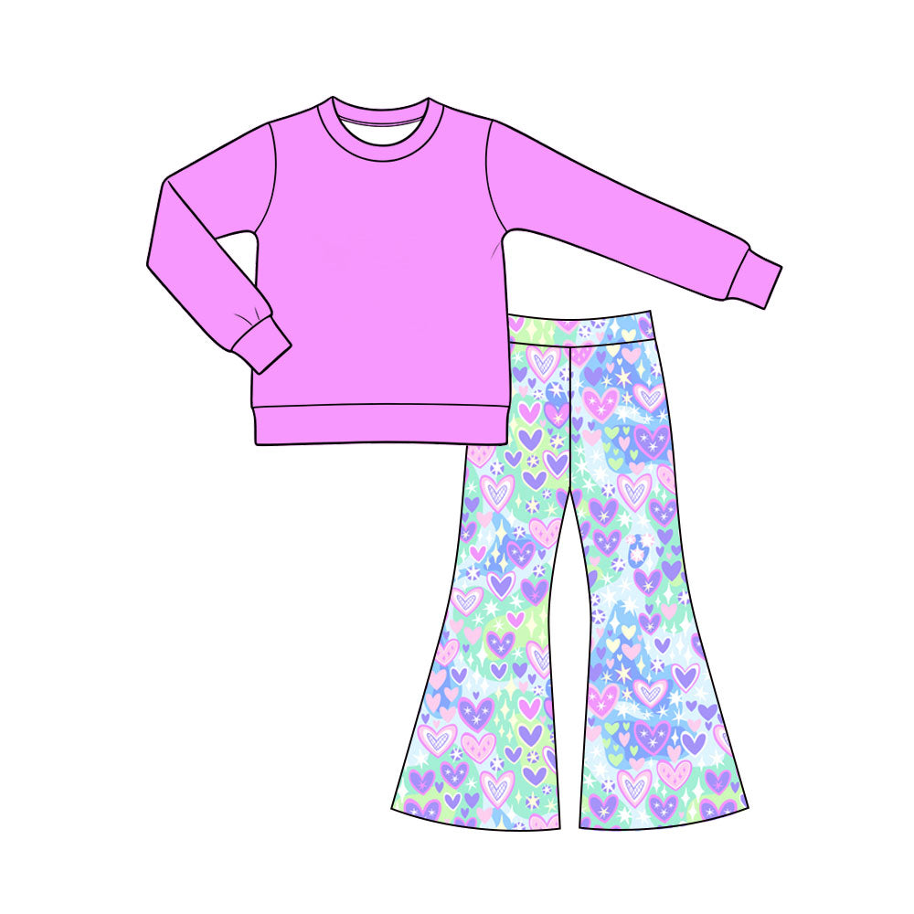 Preorder (moq 5) Baby Girl Clothes Valentine Solid Light Purple Top Star Heart Mixed Print Long Sleeve Flare Pant Set