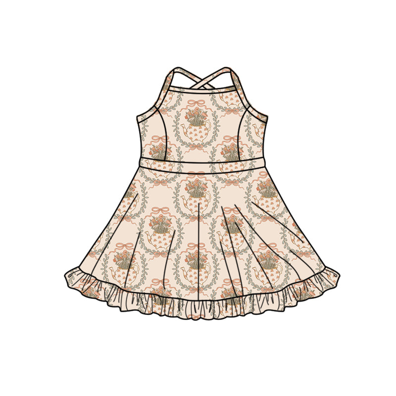 Preorder (moq 5)Baby Girls Strap Bow Flowers Checked Ruffle Knee Length Dresses