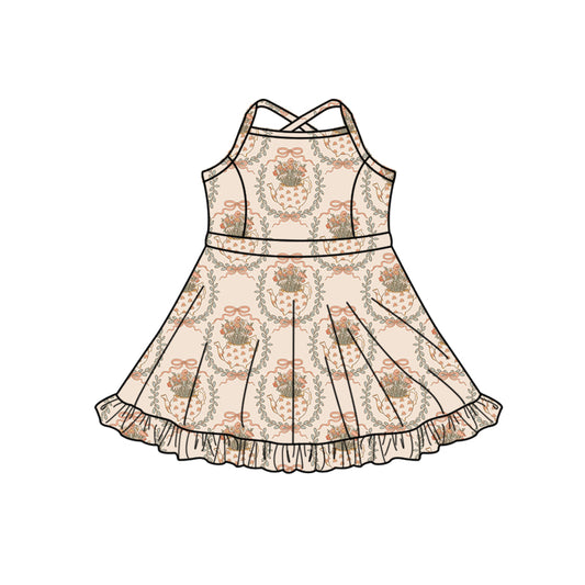 Preorder (moq 5)Baby Girls Strap Bow Flowers Checked Ruffle Knee Length Dresses