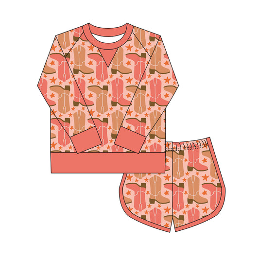 Preorder(moq 8)Baby Girls Pink Boots Stars Plaid Long Sleeve Top Shorts Western Clothes Set