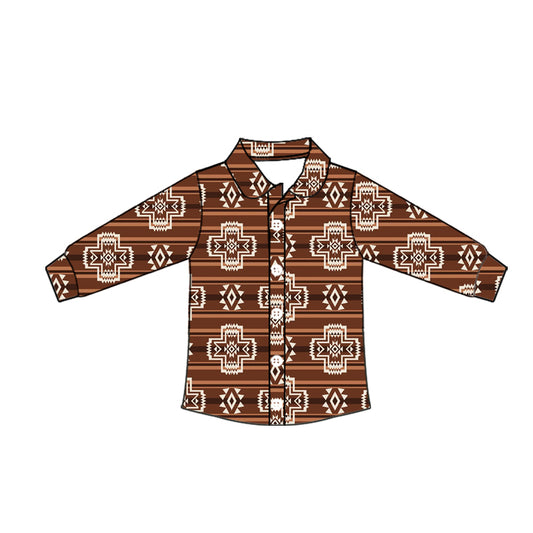 Preorder moq 10 Baby Boys Brown Long Sleeves Western Aztec Button Shirts Top