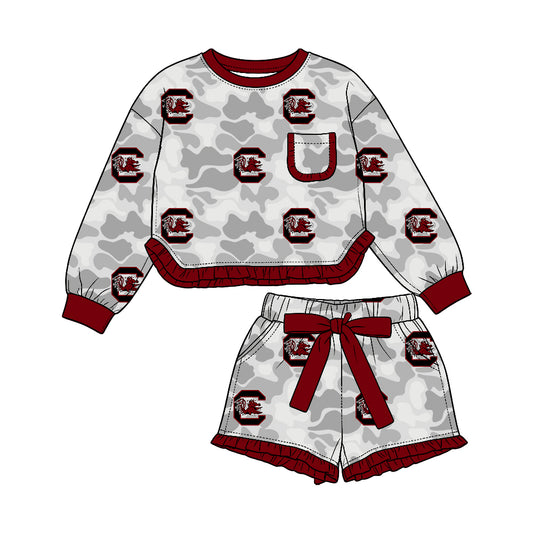 Preorder (moq 5) Baby Girl Clothes South Carolina Gamecocks Camouflage Print Long Sleeve Ruffle Top Shorts Outfit Set