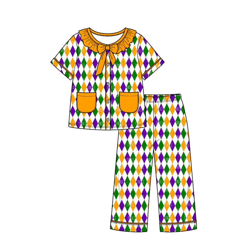 Preorder (moq 5) Baby Girl Clothes Mardi Gras Diamond Argyle Mixed Print Short Sleeve Ruffle Bow Long Pant Pajama Set