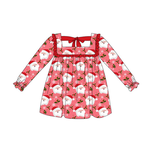 Preorder (moq 5)Baby Girls Pink Long Ruffle Sleeves Santa Plaid Knee Length Dresses