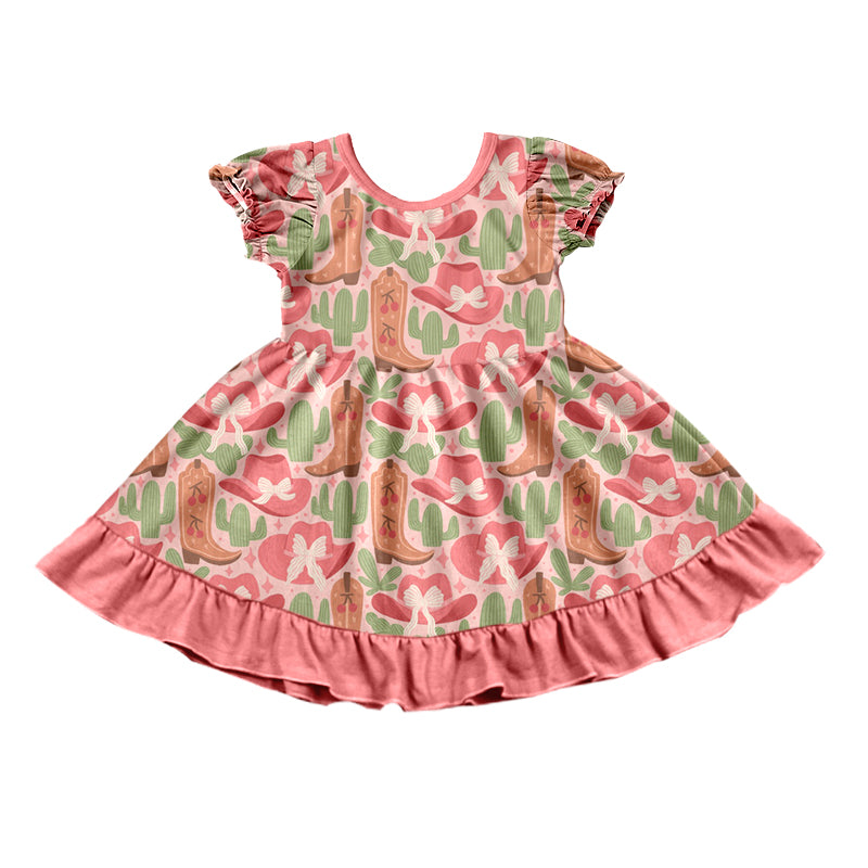 Preorder (moq 5) Baby Girl Clothes Cowboy Boot Cactus Mixed Print Short Sleeve Ruffle Dress