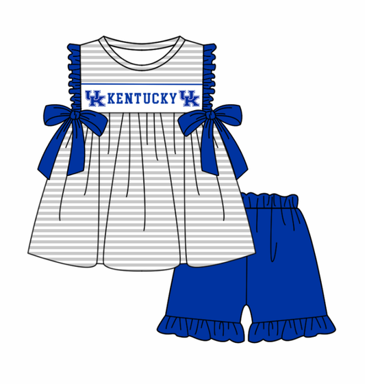 Preorder (moq 5)Baby Girls Kentucky UK Bows Stripe Tunic Ruffle Shorts Team Clothes Sets