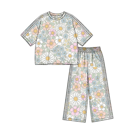 Preorder (moq 5)Baby Girls Colorful Flowers Top Pockets Flare Pant Clothes Set