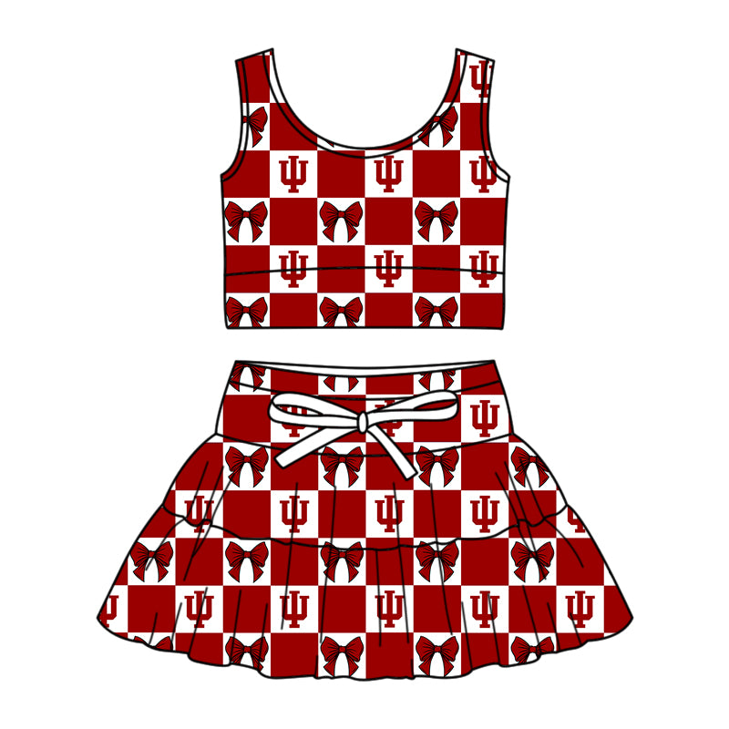 Preorder (moq 5)Baby Girls Red Kokomo Bows Checked Vests Skirt Short Team Clothes Sets