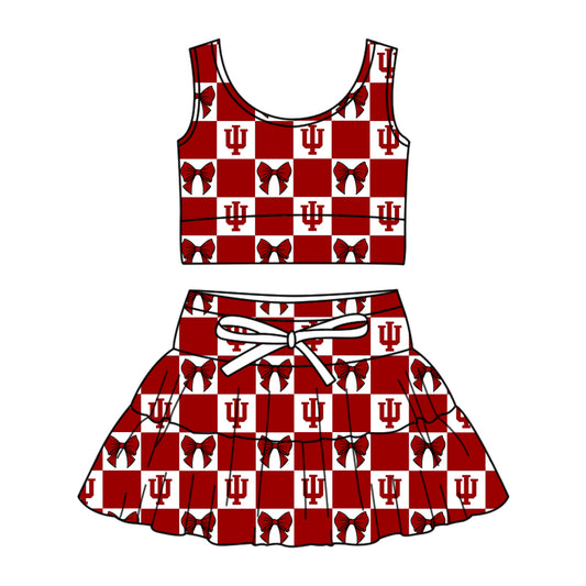 Preorder (moq 5)Baby Girls Red Kokomo Bows Checked Vests Skirt Short Team Clothes Sets