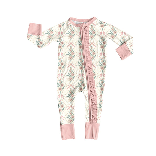 Preorder (moq 5)Baby Girls Bows Flowers Two Way Ruffle Zip Convertible Rompers