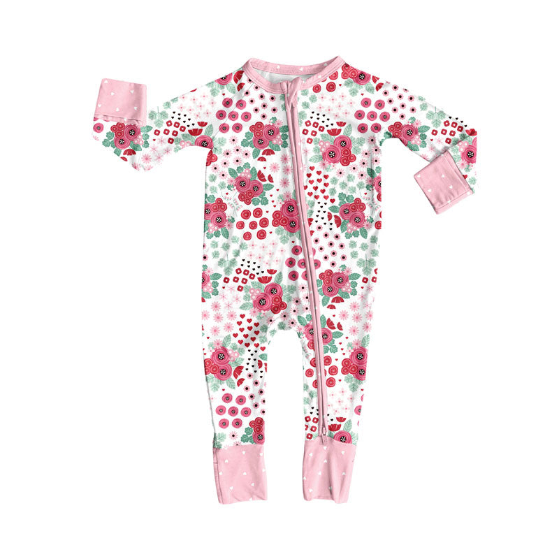 Preorder (moq 5)Baby Girls Long Sleeve Pink Flowers Zipper Footie Rompers