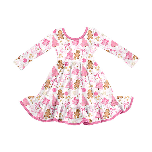 Preorder (moq 5)Baby Girls Christmas Trees Pink Gifts Gingerbread Ruffle Knee Length Dresses