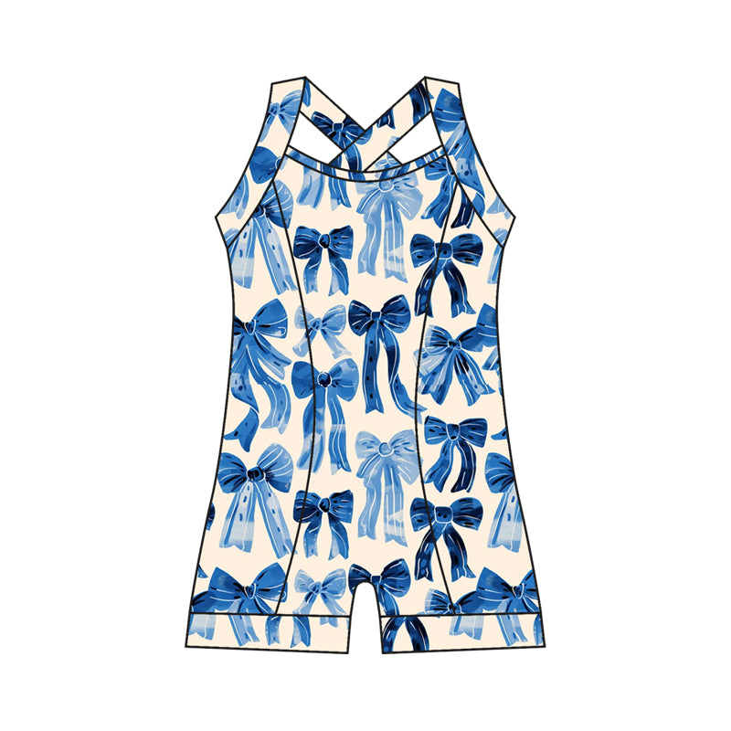 Preorder moq 10 Baby Girls Strap Hot Blue Bows Activity Wear Yoga Jumpsuits