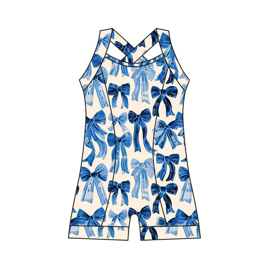 Preorder moq 10 Baby Girls Strap Hot Blue Bows Activity Wear Yoga Jumpsuits