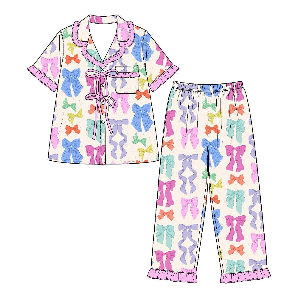 Preorder (moq 5) Baby Girl Clothes Pastel Rainbow Bow Mixed Print Short Sleeve Ruffle Pajama Set