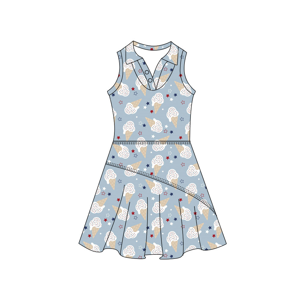 Preorder (moq 5)Baby Girls Ice Creams Stars 4th of July Button Pleated Knee Length Dresses