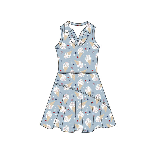 Preorder (moq 5)Baby Girls Ice Creams Stars 4th of July Button Pleated Knee Length Dresses