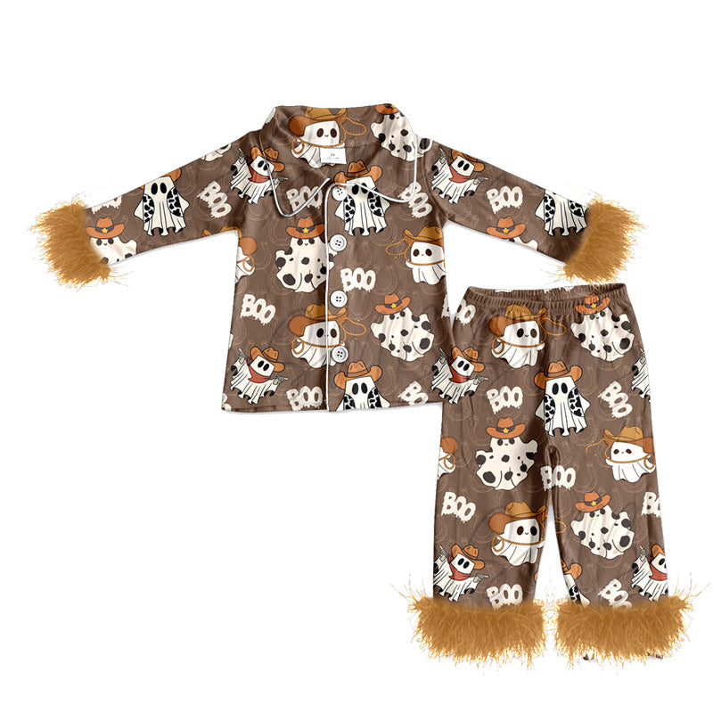preorder(MOQ 5)Baby Girls Halloween Ghost Western Boo Fur Top Pants Pajamas