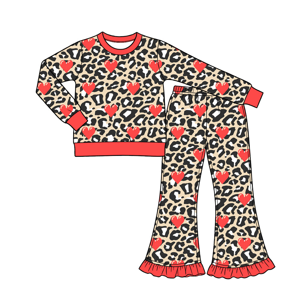 Preorder (moq 5) Baby Girl Clothes Beige Leopard Bright Red Heart Print Long Sleeve Flare Pant Set