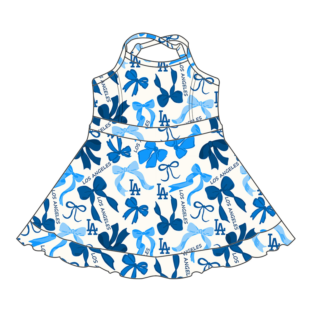 Preorder (moq 5)Baby Girls Hot Blue Strap Bows Plaid LA Short Ruffle Team Knee Length Dresses