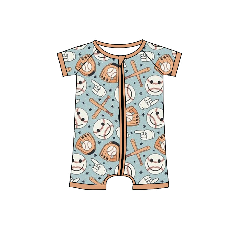 Preorder (moq 5) Baby Boy Clothes Smiley Baseball Glove Bat Mixed Print Short Sleeve Zipper Baby Romper