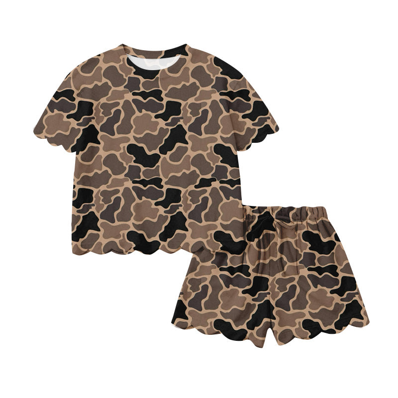 Preorder moq 5 Adult Women Southern Black Brown Camo Top Scallop Short Clothes Sets