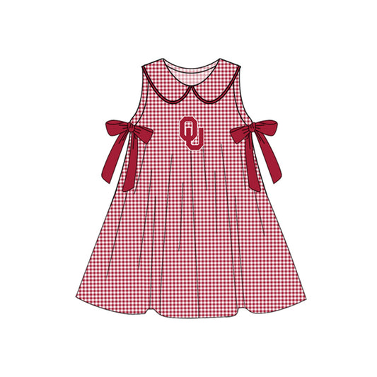 Preorder (moq 5)Baby Girls Red Plaid Sleeveless Bows OU Team Knee Length Dresses