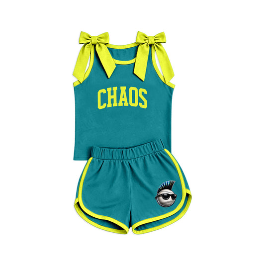 Preorder (moq 5)Baby Girls Green Yellow Bows Chaos Top Short Team Clothes Set