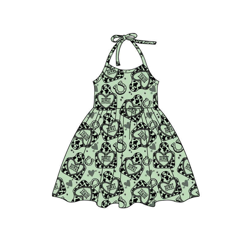 Preorder (moq 5)Baby Girls Green Strap Cow Print Horse Shoes Knee Length Dresses