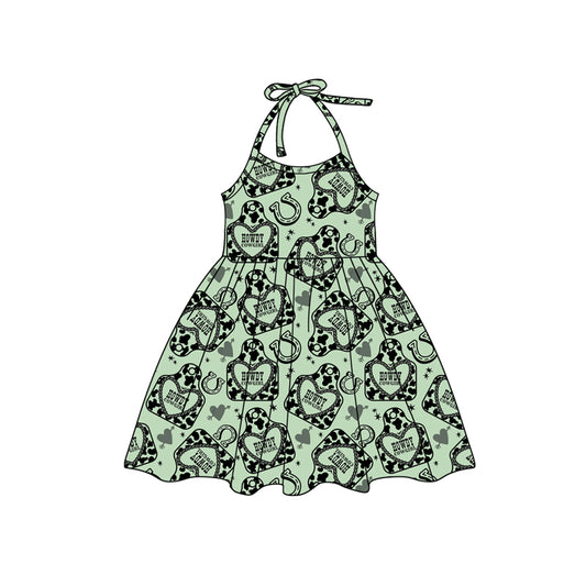 Preorder (moq 5)Baby Girls Green Strap Cow Print Horse Shoes Knee Length Dresses