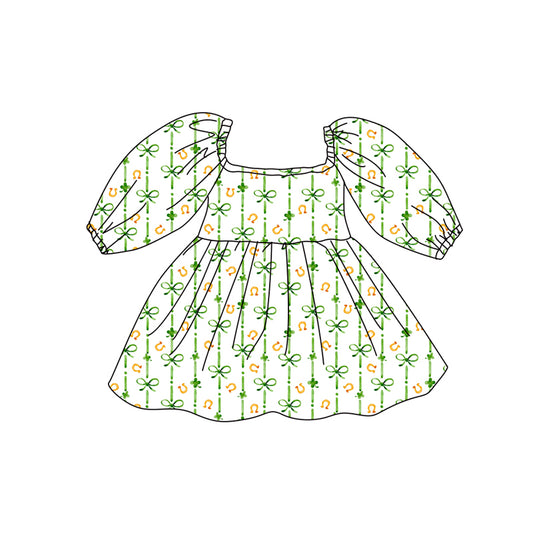 Preorder (moq 5)Baby Girls Clovers Bows St Patrick Knee Length Dresses