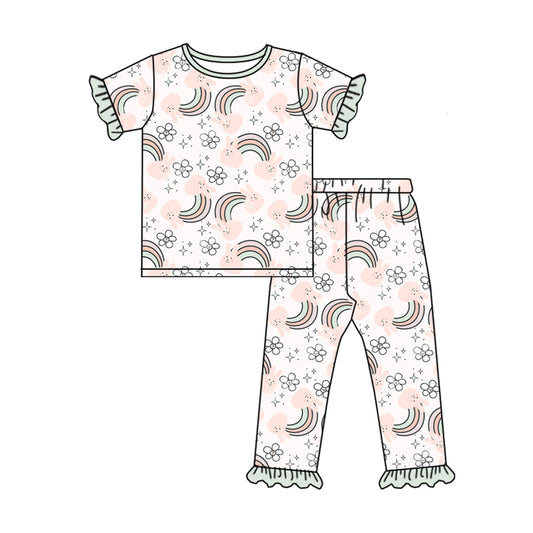 Preorder (moq 5)Baby Girls Rabbits Rainbows Flowers Top Ruffle Pants Easter Pajamas Sets