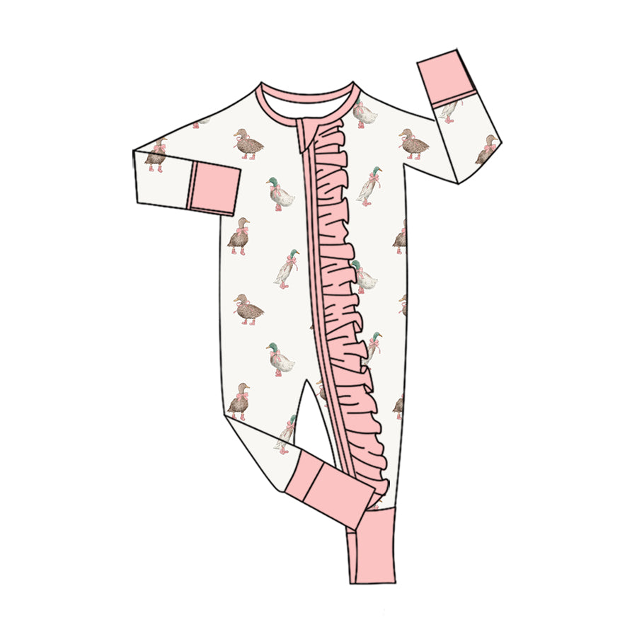 Preorder (moq 5) Baby Girls Bows Ducks Hunting Two Way Ruffle Zip Convertible Rompers