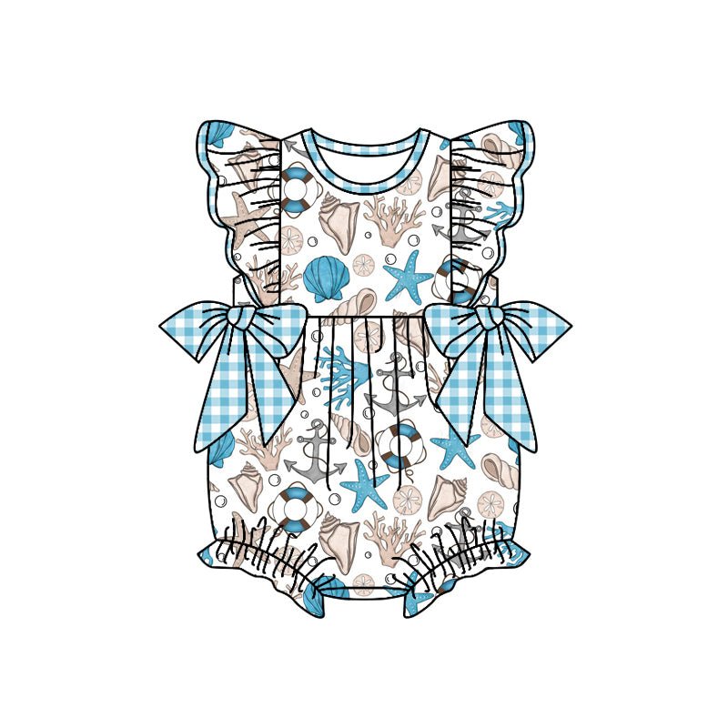 Preorder moq 5 Baby Girls Flutter Sleeves Blue Plaid Bows Sea World Ruffle Rompers