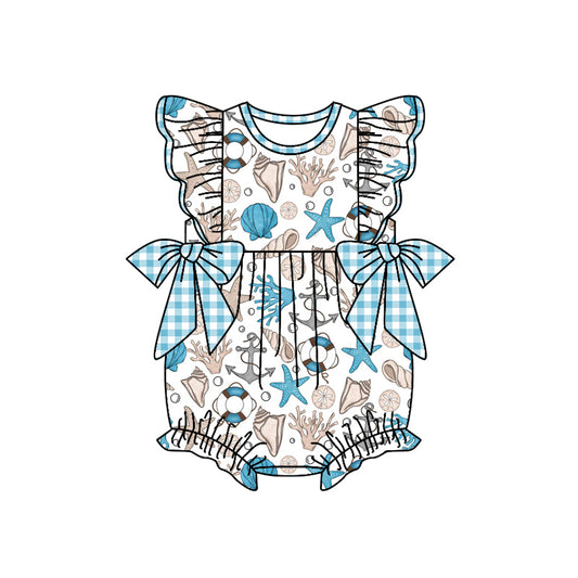 Preorder moq 5 Baby Girls Flutter Sleeves Blue Plaid Bows Sea World Ruffle Rompers