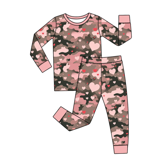 Preorder (moq 5) Baby Girl Clothes Dusty Pink Camo Heart Mixed Print Long Sleeve Pajama Set