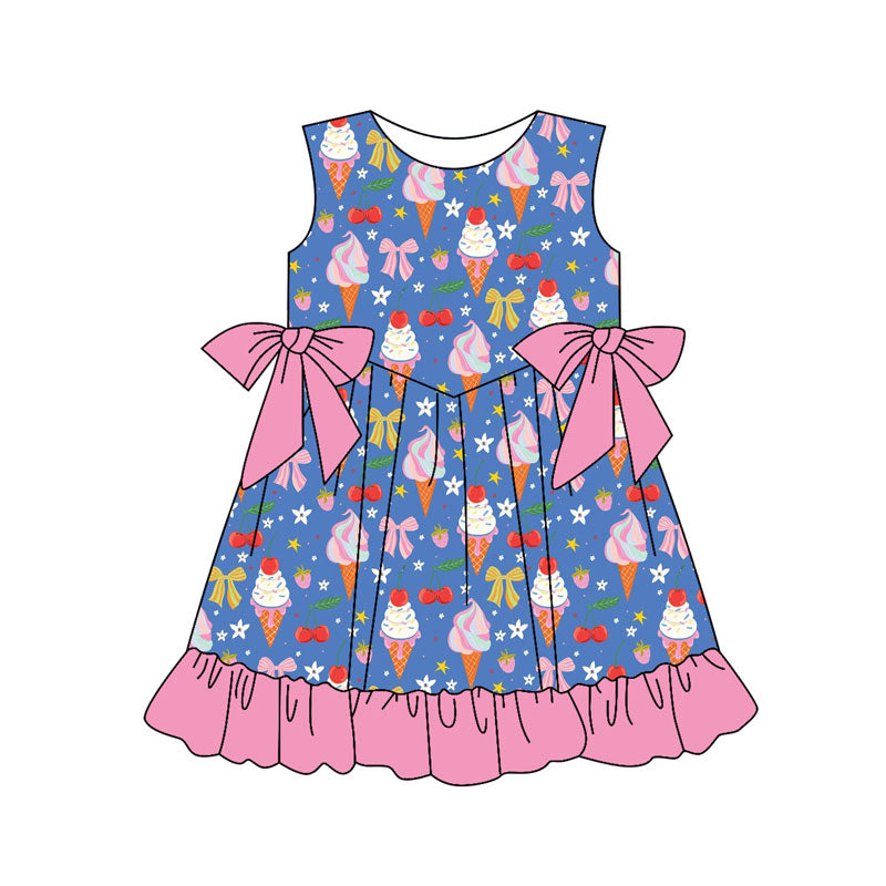 Preorder(moq 5) Baby Girls Ice Cream Flowers Bows Ruffle Knee Length Dresses