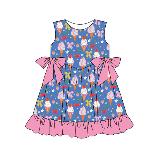 Preorder(moq 5) Baby Girls Ice Cream Flowers Bows Ruffle Knee Length Dresses