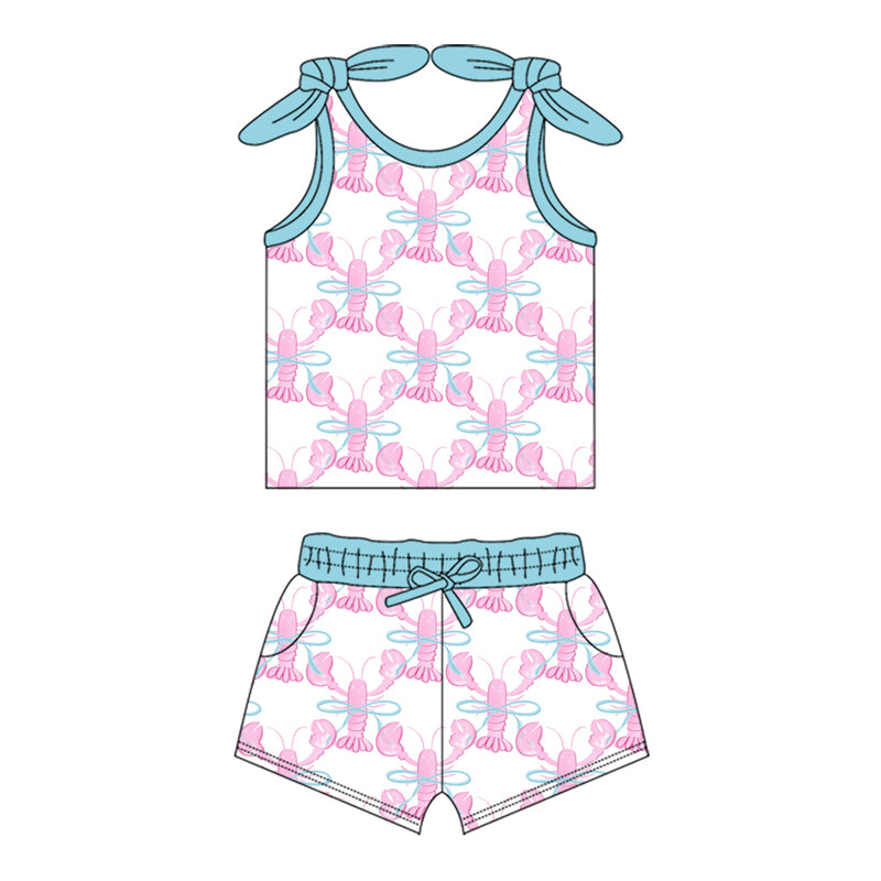 Preorder (moq 5)Baby Girls Crawfish Bows Shirt Top Shorts Clothes Sets