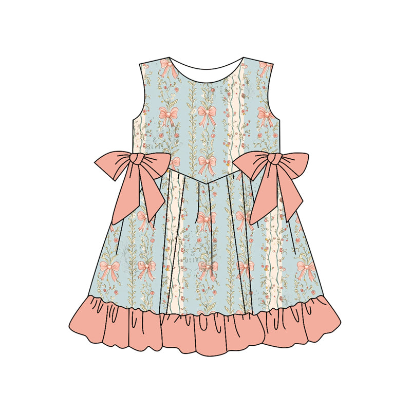 Preorder (moq 5)Baby Girls Green Pink Bows Flowers Knee Length Dresses