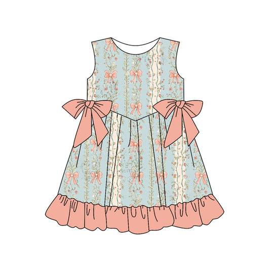 Preorder (moq 5)Baby Girls Green Pink Bows Flowers Knee Length Dresses