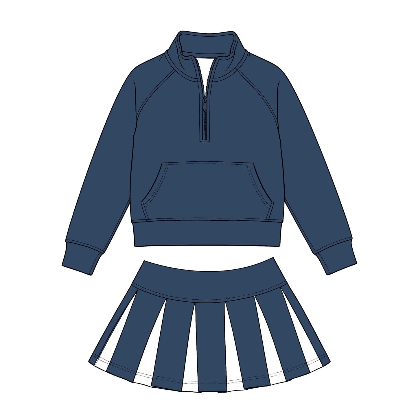 Preorder (moq 5) Baby Girls Navy Zip Pockets Pullovers White Pleated Skirt Short Clothes Sets