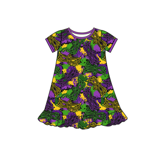 Preorder(moq 5) Baby Girls Mardigras Short Sleeve Camo Masks Ruffle Knee Length Dresses