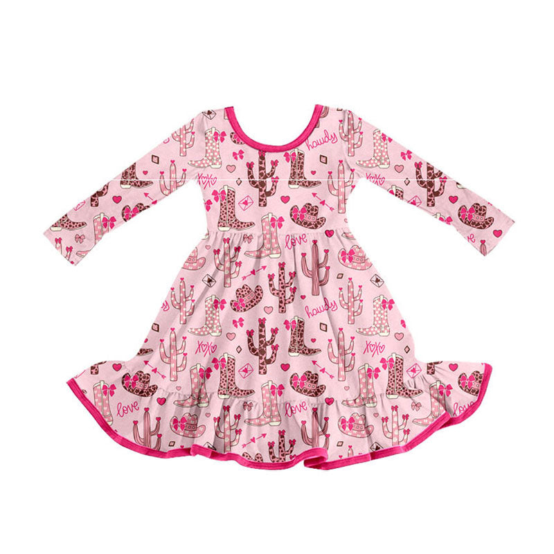 Preorder(moq 8)Baby Girls Long Sleeve Hearts Boots Cactus Ruffle Knee Length Dresses