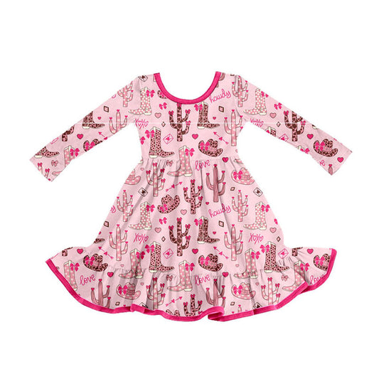 Preorder(moq 8)Baby Girls Long Sleeve Hearts Boots Cactus Ruffle Knee Length Dresses