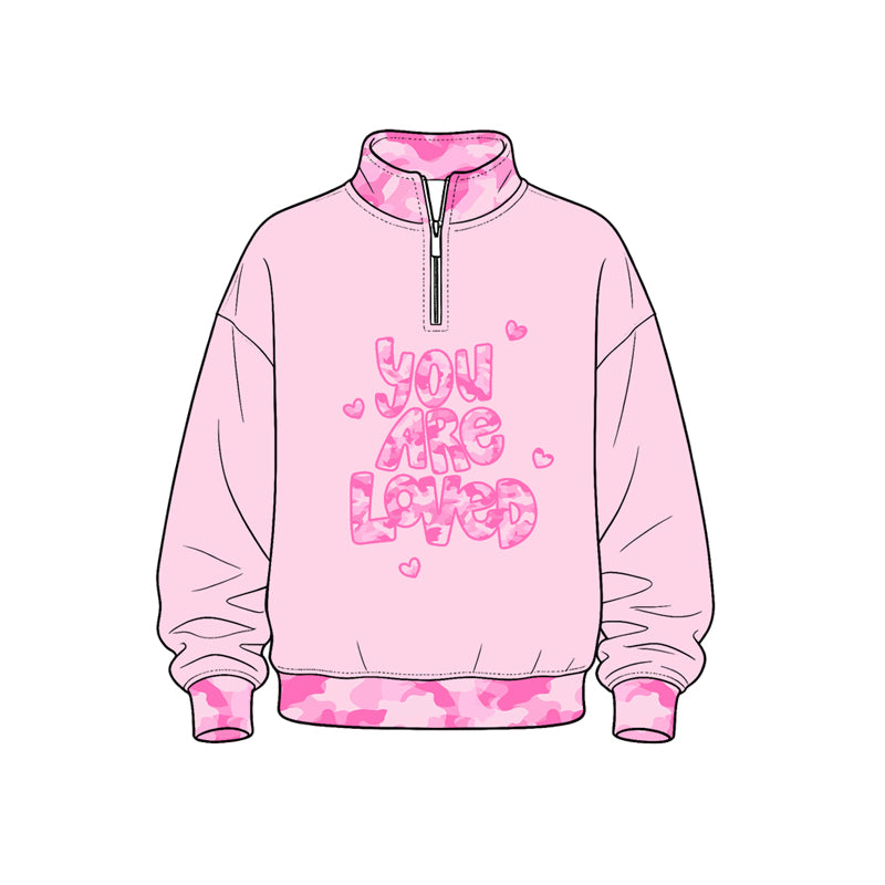 Preorder (moq 5) Kids’ Valentine’s Day Light Pink “You Are Loved” Print Long-Sleeve Half-Zip Bow Sweatshirt